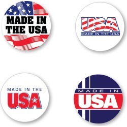 2" Diameter "Made In The USA" Circle Labels with four different designs (250 Per Roll)
