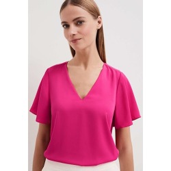 Woven V Neck Tee - Fuchsia